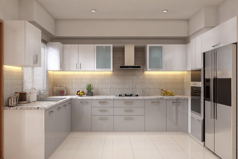 Modern White and Silver L Shape Kitchen Design with Granite Countertop