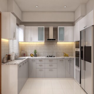 Modern White and Silver L Shape Kitchen Design with Granite Countertop