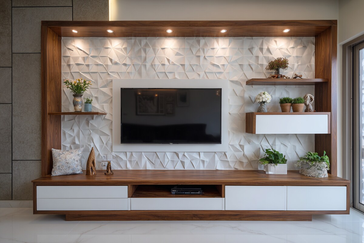 Modern White and Walnut TV Unit Design with Geometric Backdrop