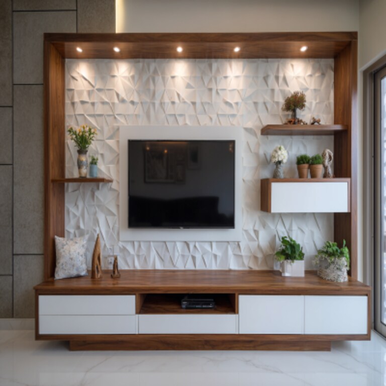 Modern White and Walnut TV Unit Design with Geometric Backdrop Modern White and Walnut TV Unit Design with Geometric Backdrop