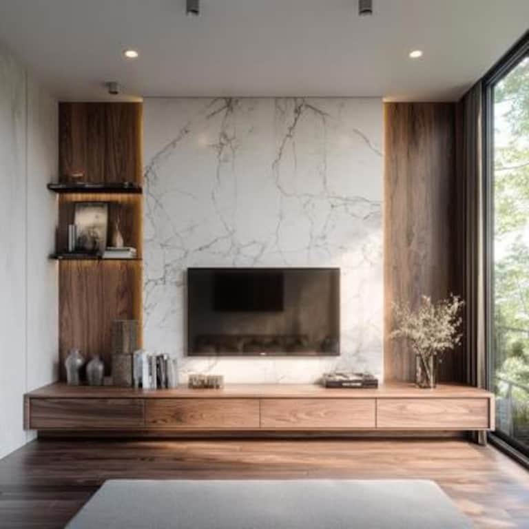 Modern White and Walnut TV Unit Design with Marble Finish Backdrop