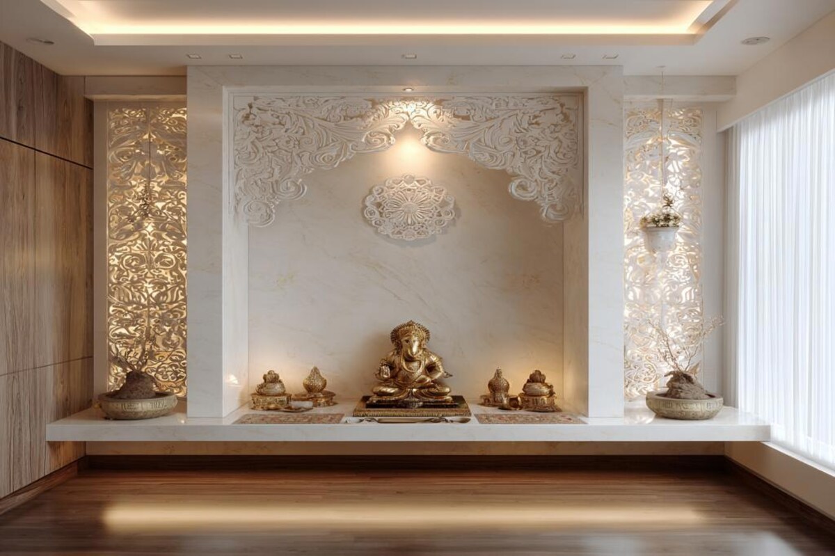 Modern White CNC Cut Jali Wall Design For Pooja Rooms