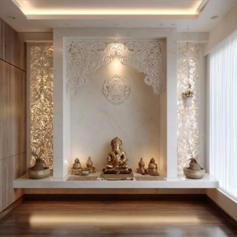 Modern White CNC Cut Jali Wall Design For Pooja Rooms Modern White CNC Cut Jali Wall Design For Pooja Rooms