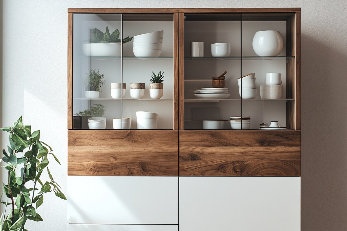 Modern White Crockery Unit Design with Glass and Wood