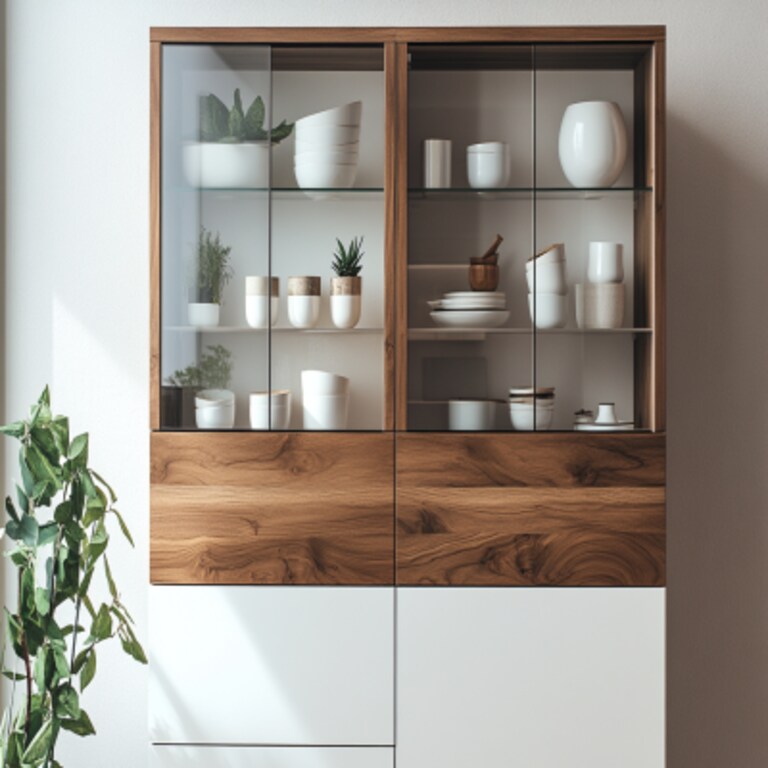 Modern White Crockery Unit Design with Glass and Wood Modern White Crockery Unit Design with Glass and Wood