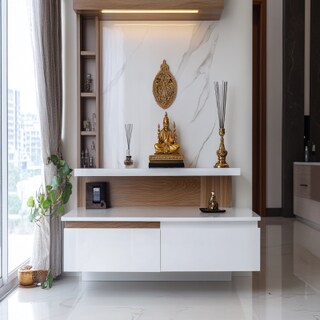 Modern White Pooja Room Design with High Gloss Laminate Storage