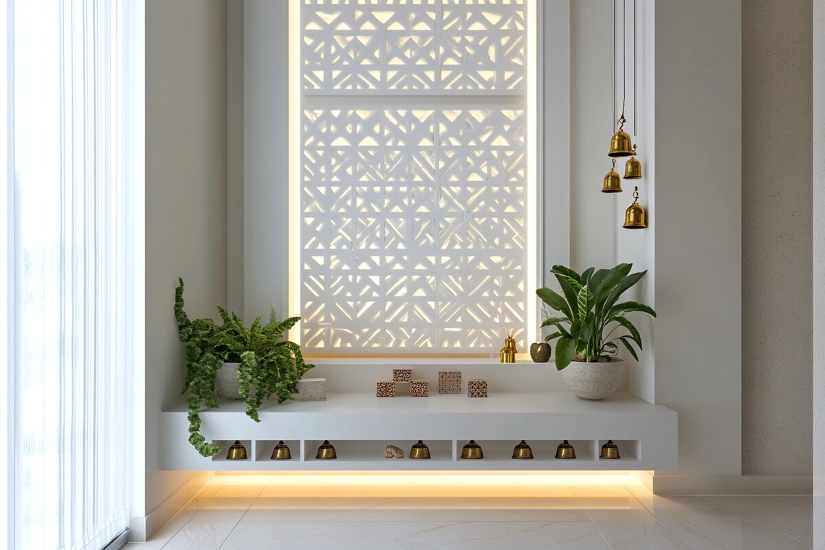 Modern White Pooja Room Design With Lattice Doors and Bells Modern White Pooja Room Design With Lattice Doors and Bells