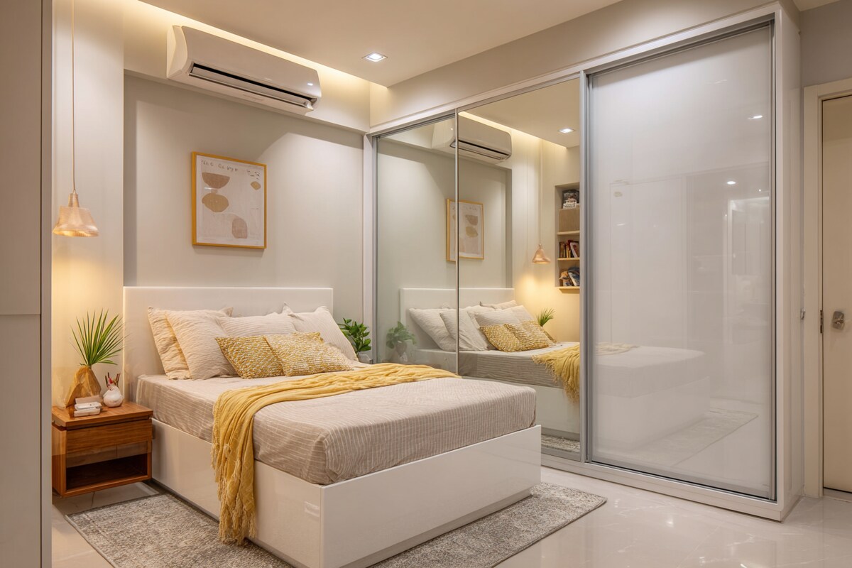 Modern White Sliding Wardrobe Design with Mirror Shutter and Gloss Finish Modern White Sliding Wardrobe Design with Mirror Shutter and Gloss Finish