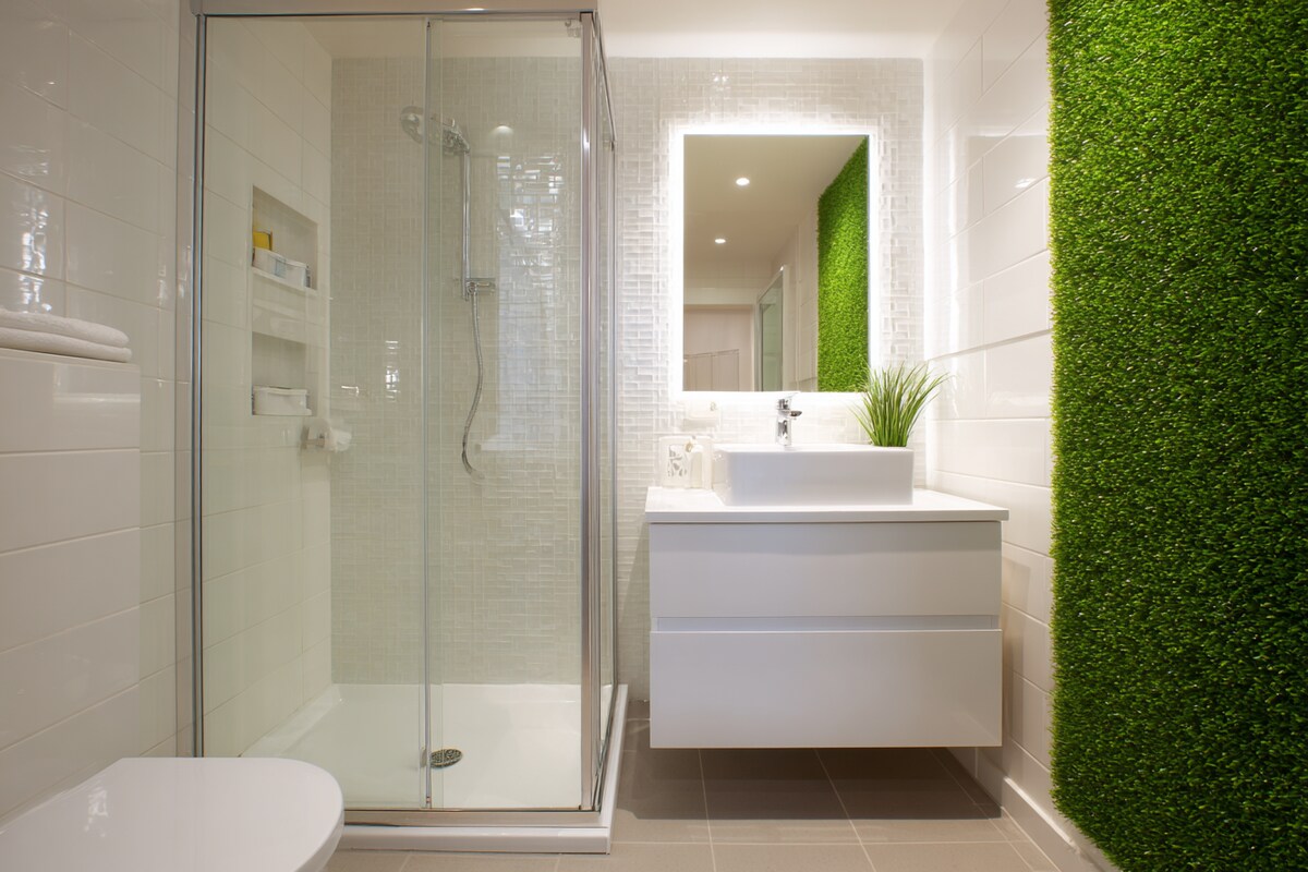 Modern White Small Bathroom Design Idea With Grass Wall Modern White Small Bathroom Design Idea With Grass Wall