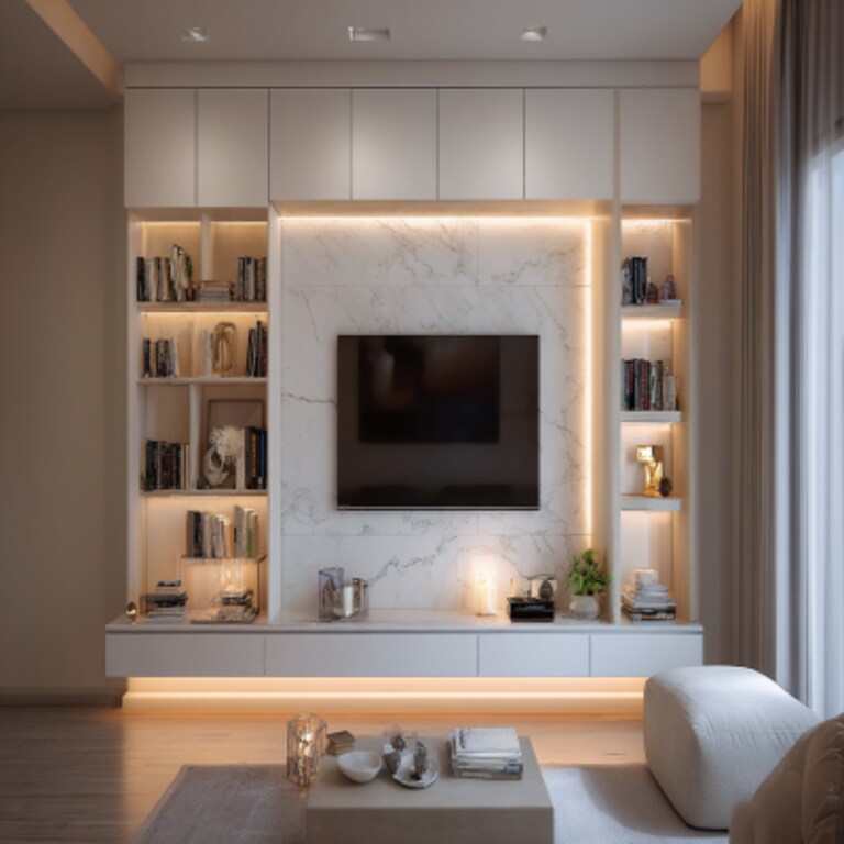 Modern White TV Unit Design With Open And Closed Storage