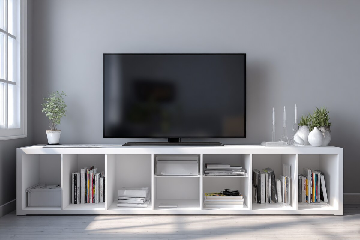 Modern White TV Unit Design With Open Shelves Modern White TV Unit Design With Open Shelves