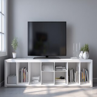 Modern White TV Unit Design With Open Shelves