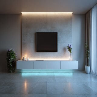 Modern White TV Unit Design With Strip Light For The Back Panel