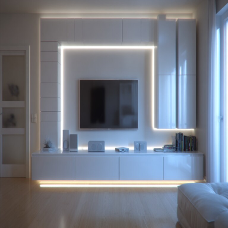 Modern White TV Unit Design With Strip Lights