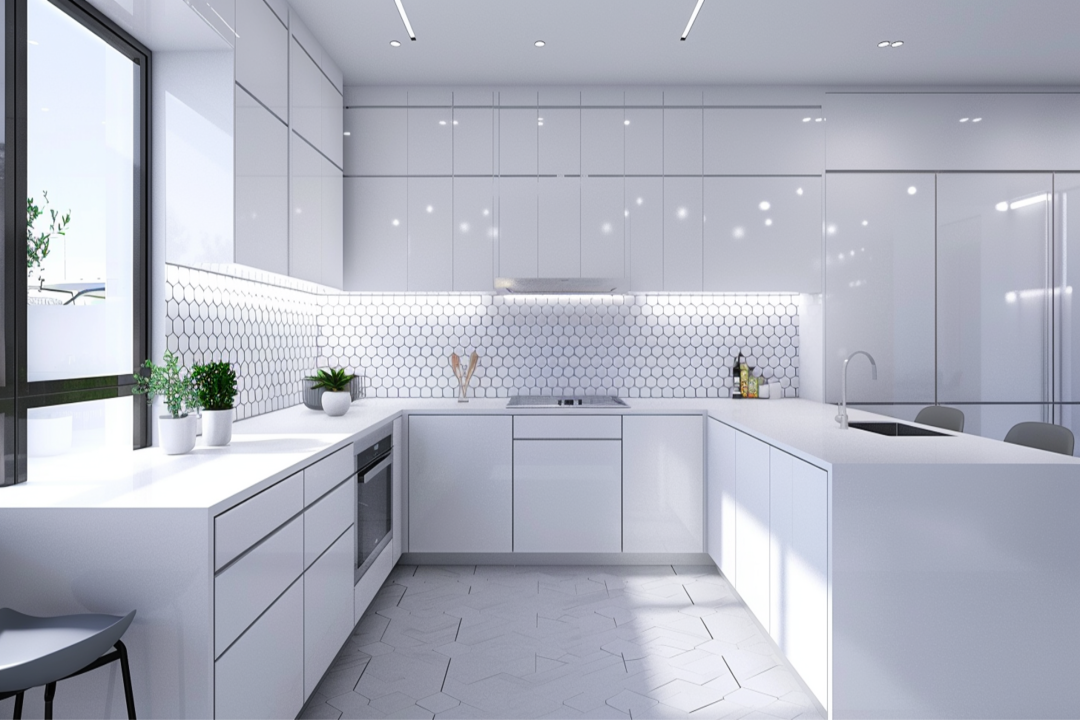 Modern White U-Shaped Kitchen Design With Hexagonal Backsplash