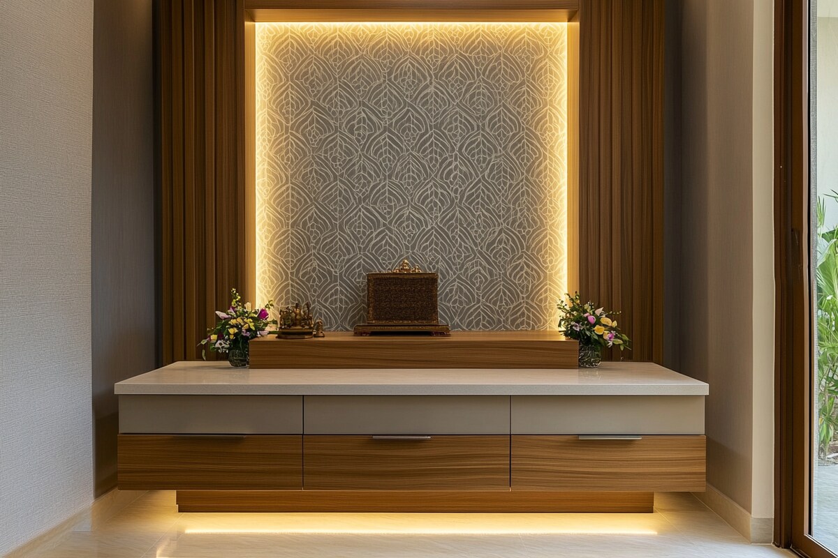 Modern Wood And Champagne-Toned Floor-Mounted Mandir Design With Grey Patterned Wallpaper Modern Wood And Champagne-Toned Floor-Mounted Mandir Design With Grey Patterned Wallpaper