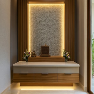 Modern Wood And Champagne-Toned Floor-Mounted Mandir Design With Grey Patterned Wallpaper