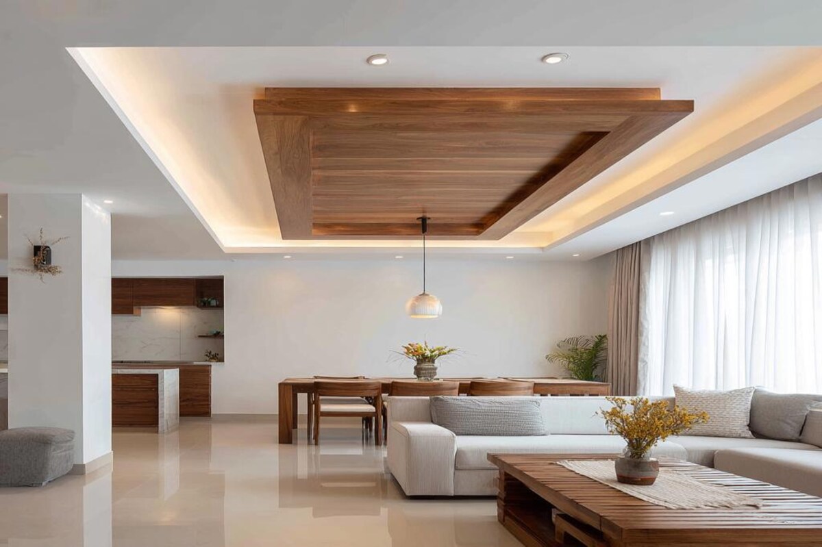 Modern Wooden and Gypsum Single Layered False Ceiling Design with Pendant Lighting