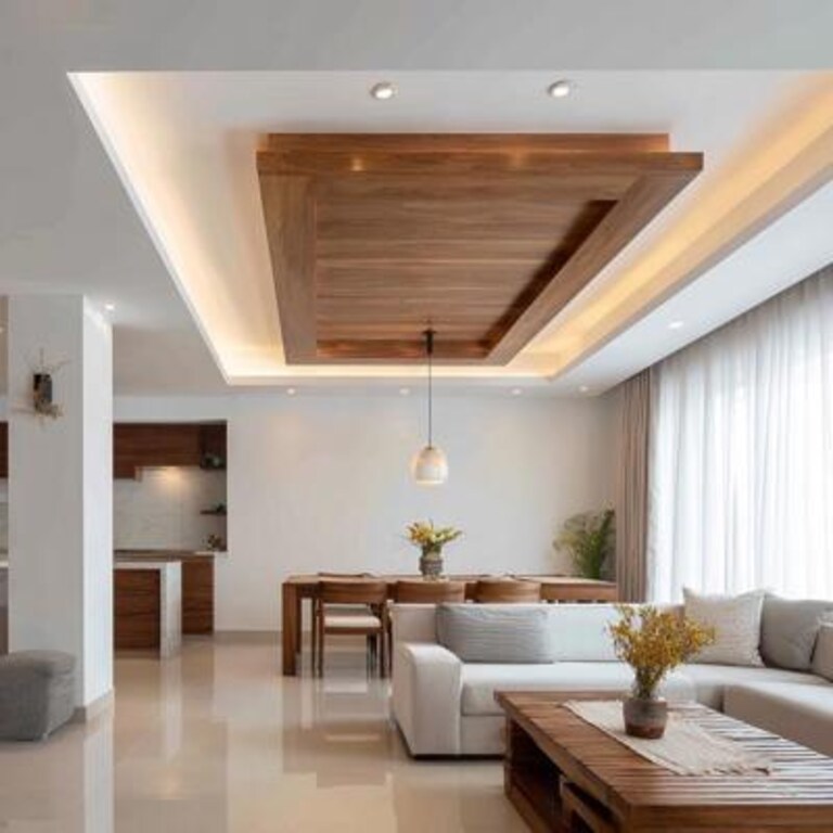 Modern Wooden and Gypsum Single Layered False Ceiling Design with Pendant Lighting Modern Wooden and Gypsum Single Layered False Ceiling Design with Pendant Lighting