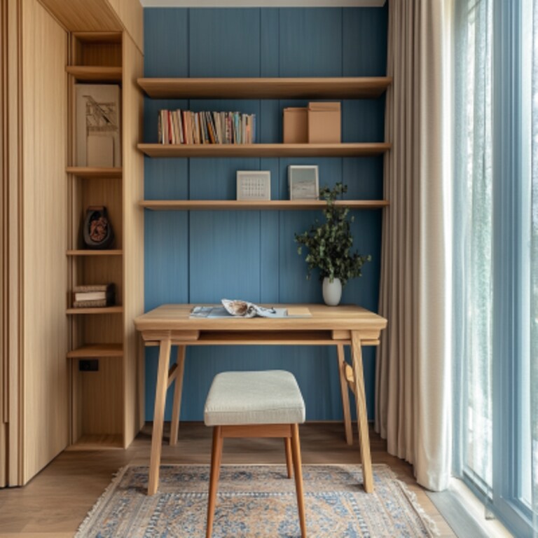 Modern Wooden Study Room Design With Blue Accent Wall Modern Wooden Study Room Design With Blue Accent Wall