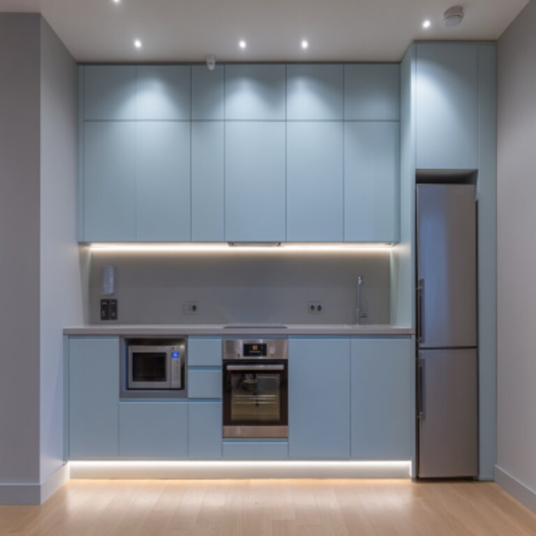 Natural Blue and Grey Wall Colour Combination for Kitchen with Flat Panels and Steel Appliances Natural Blue and Grey Wall Colour Combination for Kitchen with Flat Panels and Steel Appliances