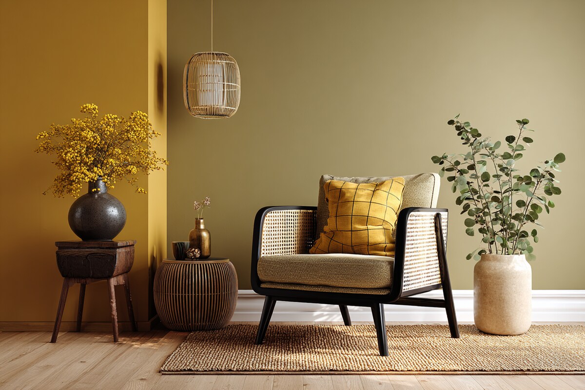 Natural Mustard and Olive Wall Colour Combination for Living Room with Rattan Armchair and Jute Rug Natural Mustard and Olive Wall Colour Combination for Living Room with Rattan Armchair and Jute Rug