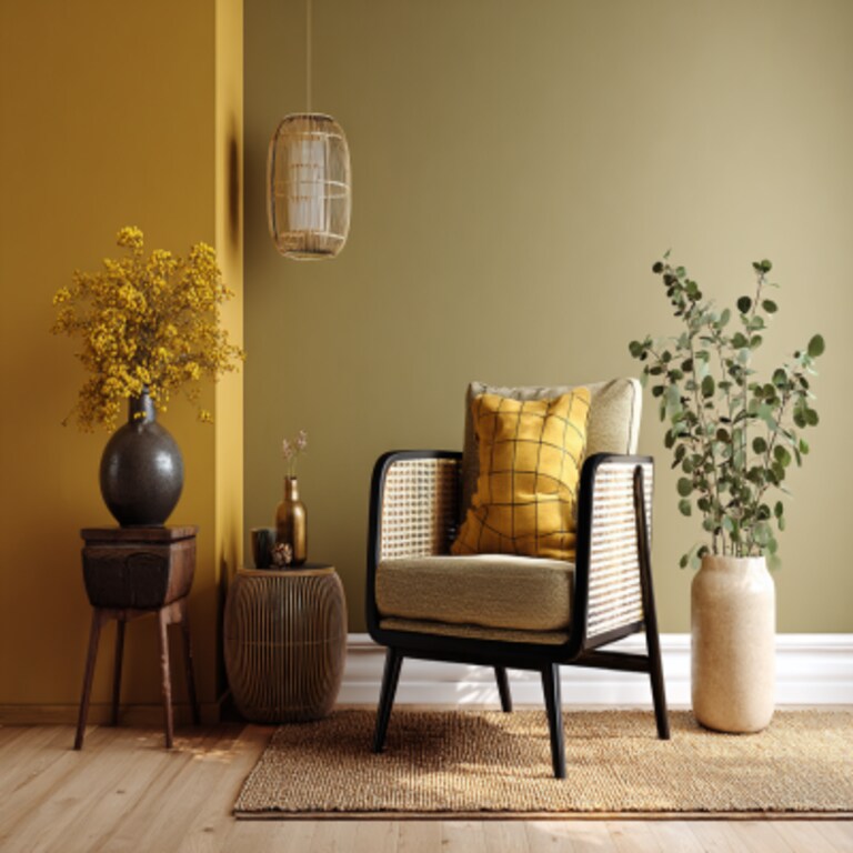 Natural Mustard and Olive Wall Colour Combination for Living Room with Rattan Armchair and Jute Rug Natural Mustard and Olive Wall Colour Combination for Living Room with Rattan Armchair and Jute Rug