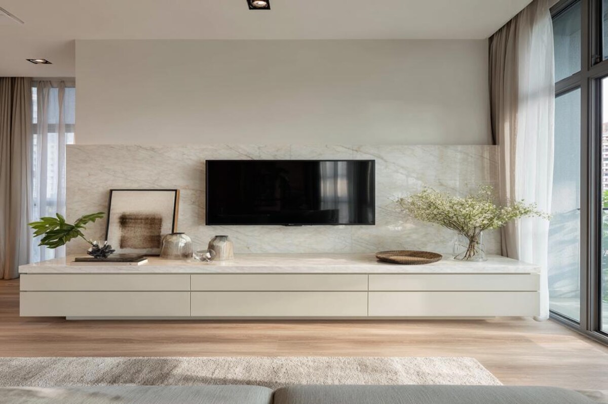 Off White Contemporary TV Unit Design With Marble Top and Hidden Storage