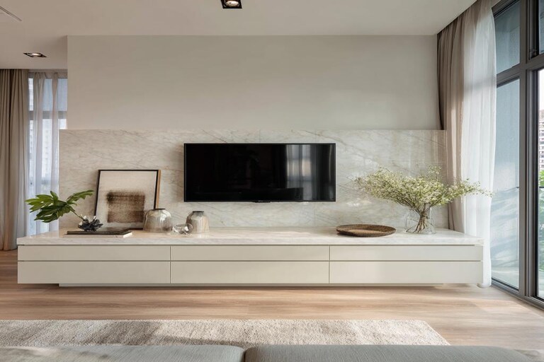 Off White Contemporary TV unit design With Marble Top and Hidden Storage