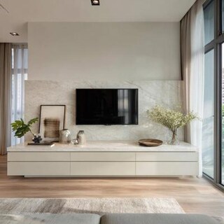 Off White Contemporary TV Unit Design With Marble Top and Hidden Storage