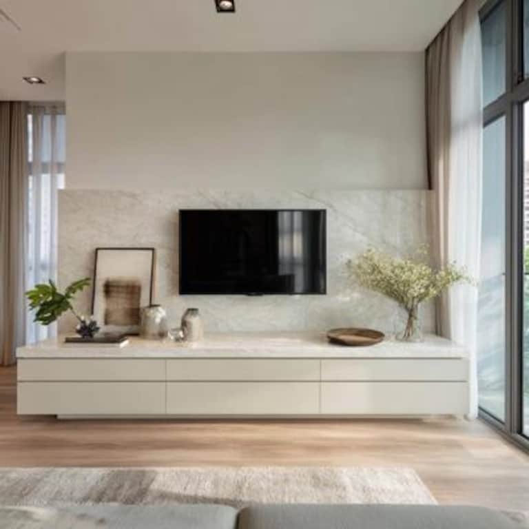 Off White Contemporary TV Unit Design With Marble Top and Hidden Storage