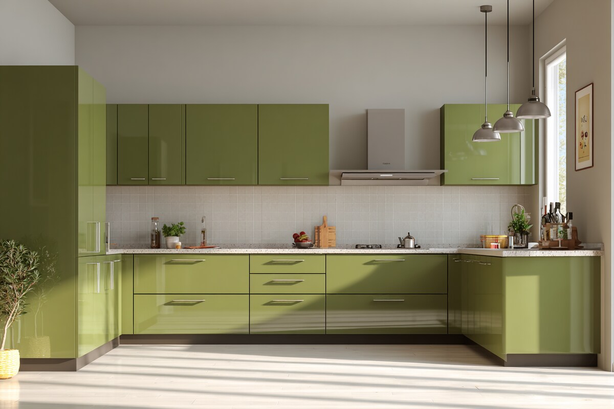 Olive Green L-Shaped Contemporary Kitchen Design with Glossy Cabinets