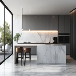 Modern L-Shaped Kitchen Design with Marble Backsplash and Glass Cabinets