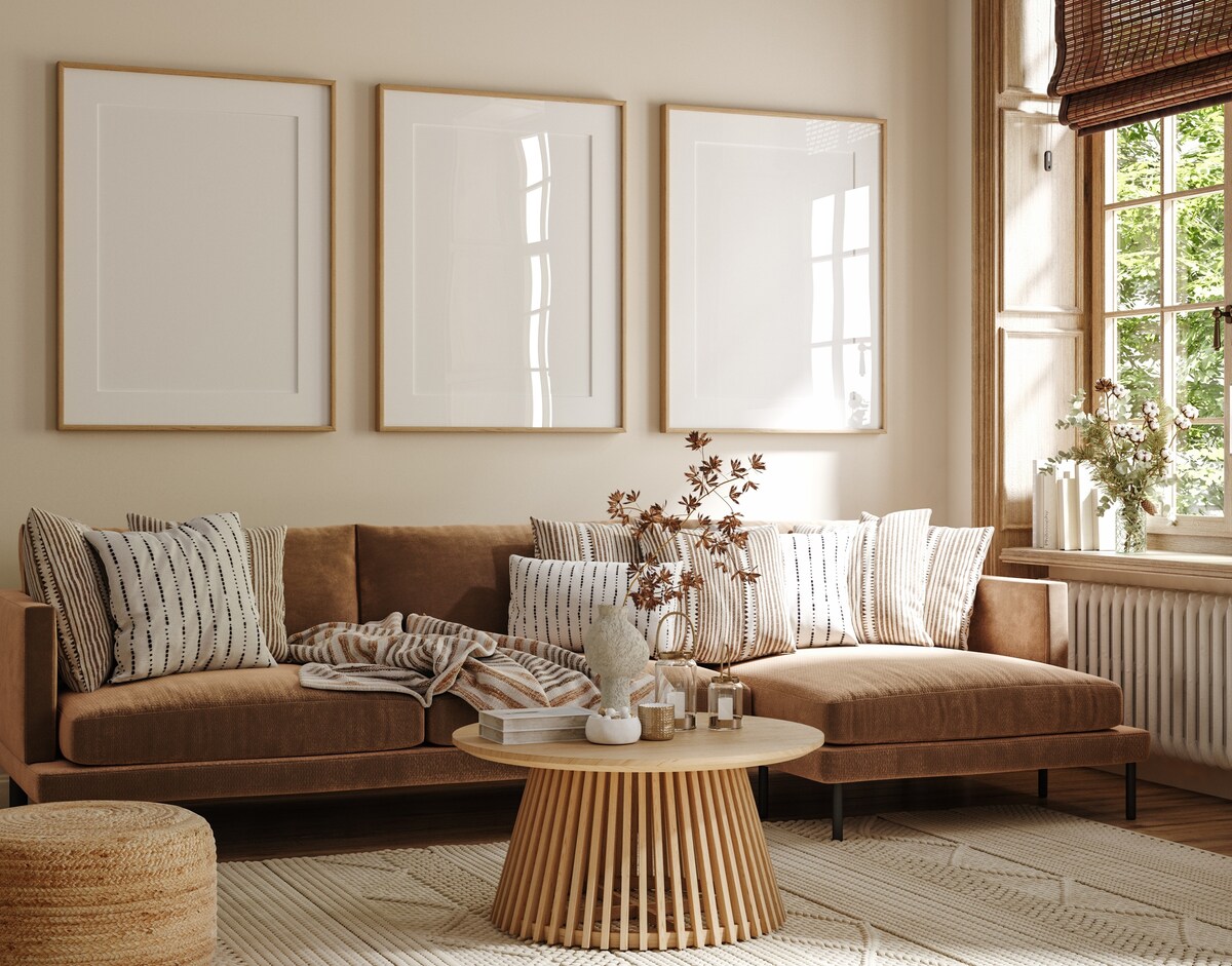 Opulant Brown Living Room Design With An L-Shaped Couch And a Centre Table
