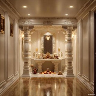 Ornate Classic Pooja Room Design With Pillars and Mirror Centerpiece