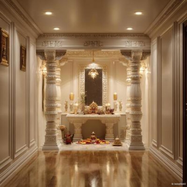 Ornate Classic Pooja Room Design With Pillars and Mirror Centerpiece