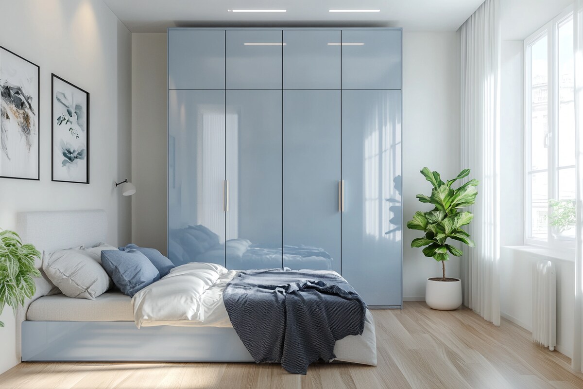 Pastel Blue Glossy Finish Swing Wardrobe Design in Minimal Style