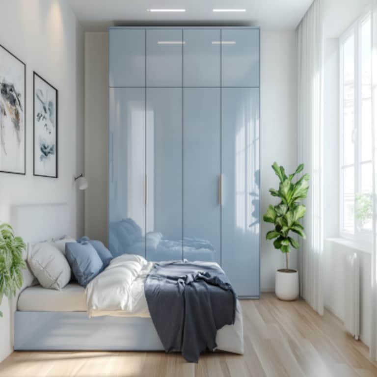 Pastel Blue Glossy Finish Swing Wardrobe Design in Minimal Style