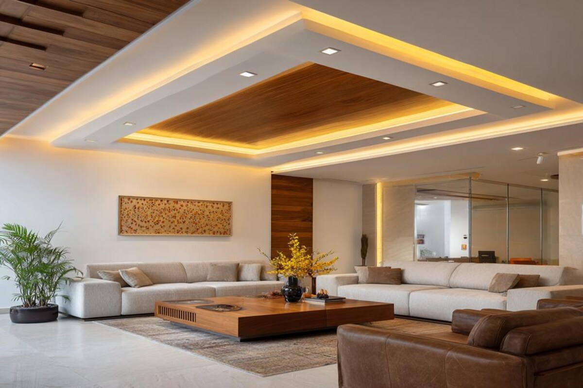 Rectangular Contemporary Gypsum False Ceiling Design with Layered Lighting and Wooden Finish