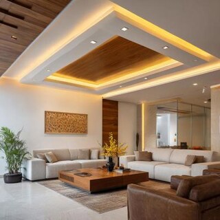 Rectangular Contemporary Gypsum False Ceiling Design with Layered Lighting and Wooden Finish