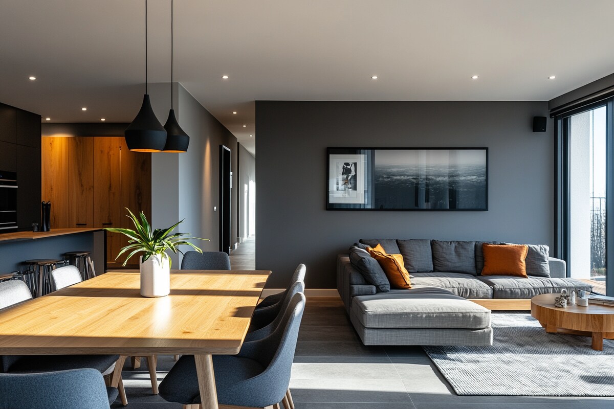 Rich Grey Wall Paint Design for Modern Living and Dining Rooms