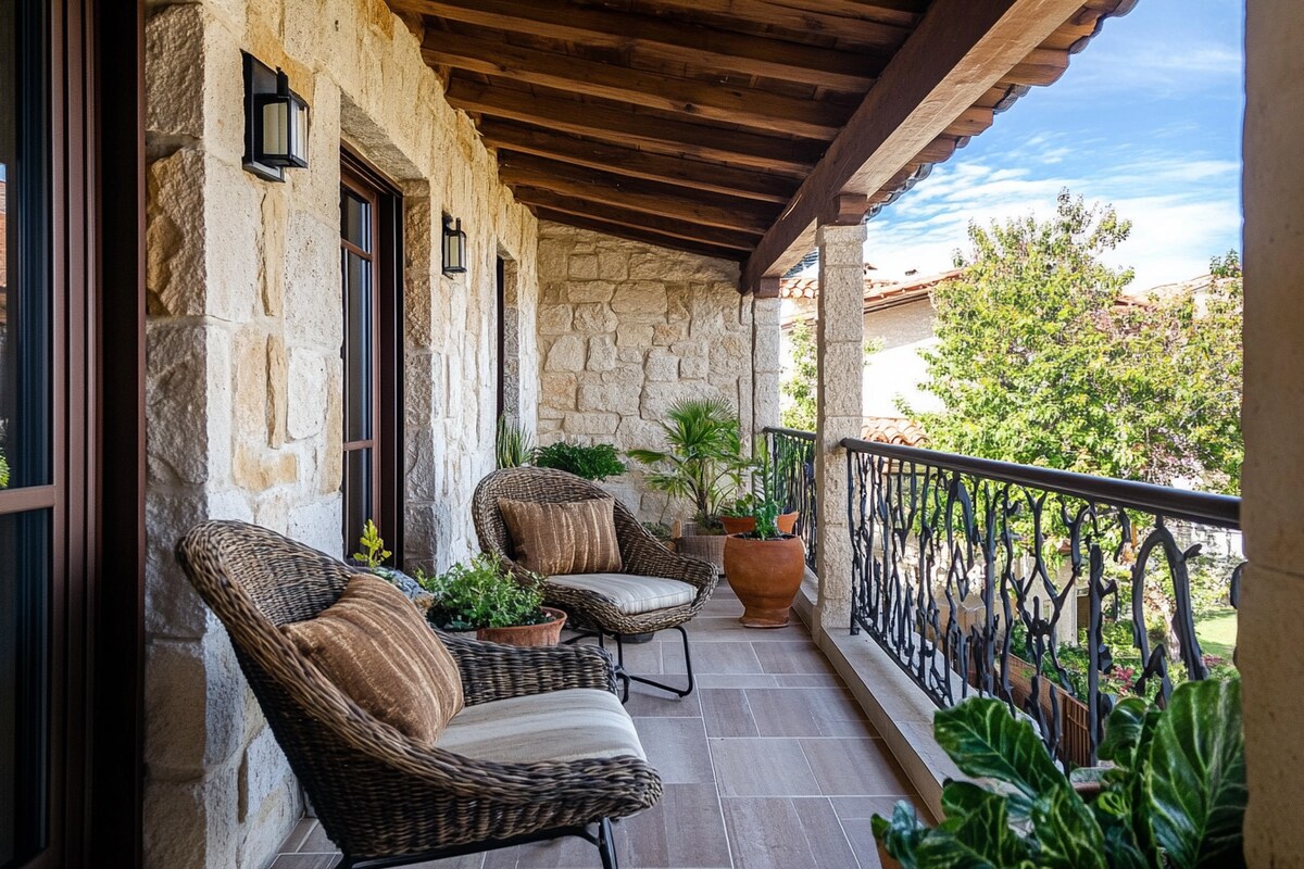 Rustic Balcony Design with Elegant Stone Cladding Wall Feature Rustic Balcony Design with Elegant Stone Cladding Wall Feature