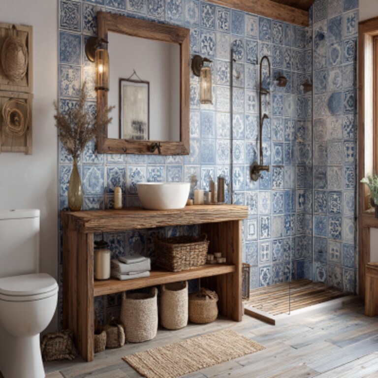Rustic Bathroom Design with Blue and White Tiles and Wood Accents