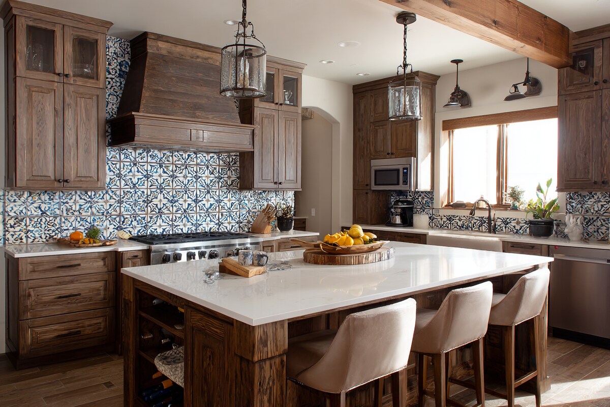 Rustic Island Kitchen Design with Mediterranean-Inspired Tile Backsplash and Quartz Countertop
