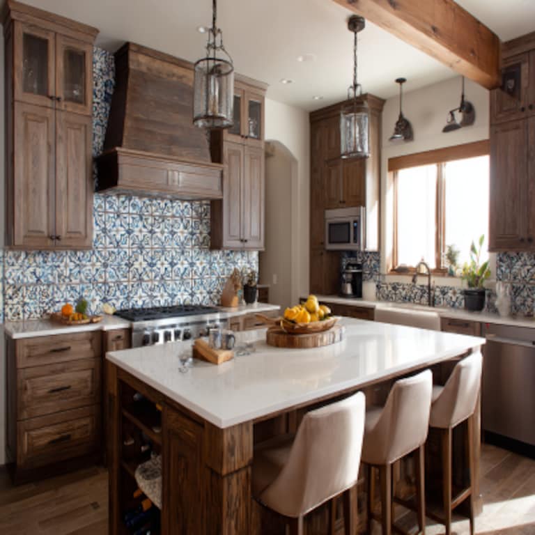 Rustic Island Kitchen Design with Mediterranean-Inspired Tile Backsplash and Quartz Countertop