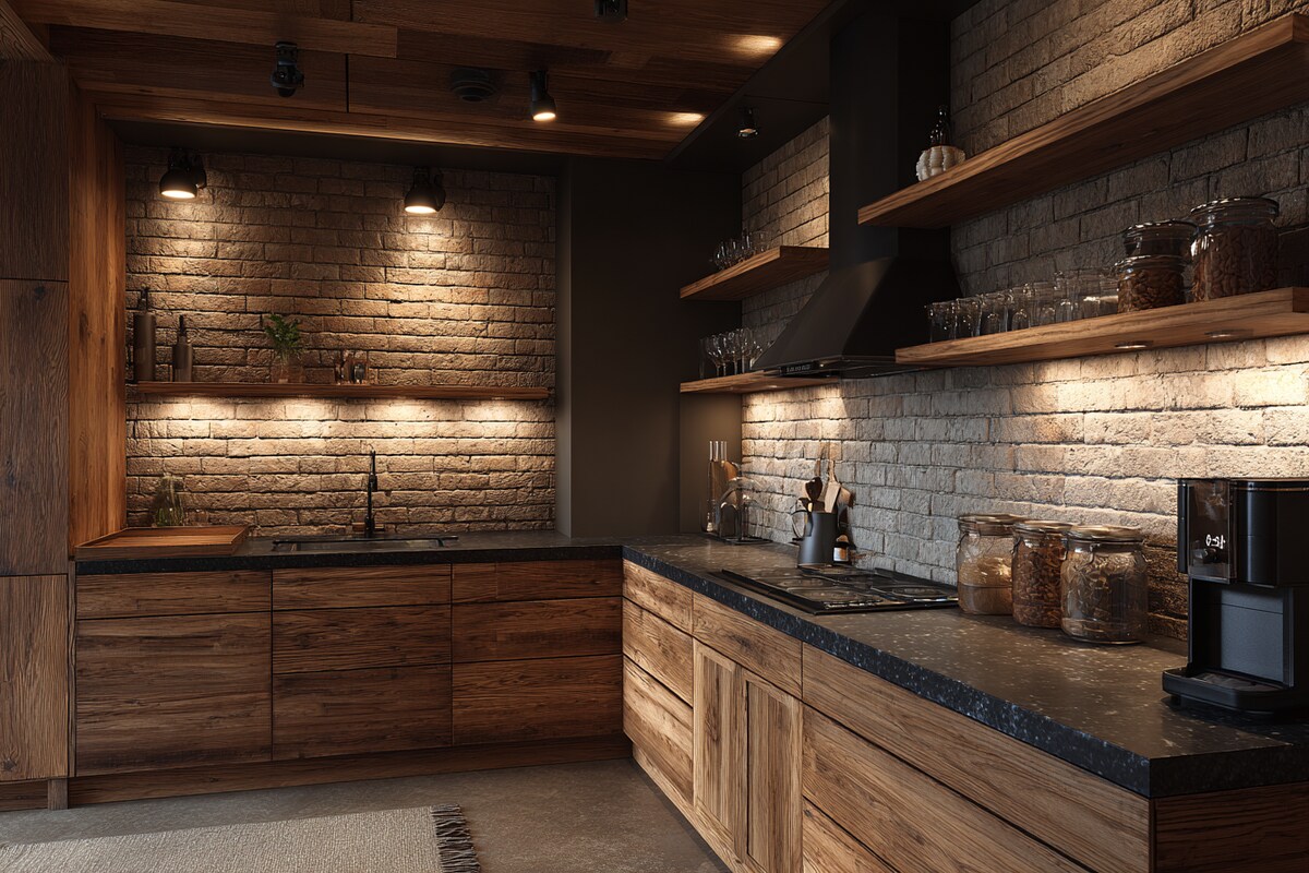 Rustic L-Shaped Kitchen Design Featuring Wooden Cabinets and Granite Countertops