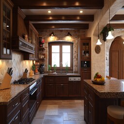 Modern L-Shaped Kitchen Design with Marble Backsplash and Black Countertop