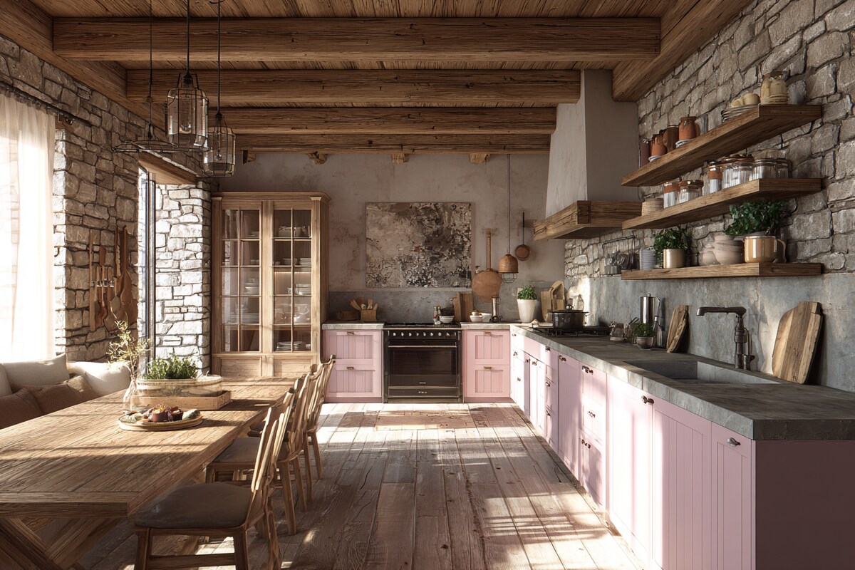 Rustic Open Kitchen Design with Warm Wood and Soft Pink Cabinetry