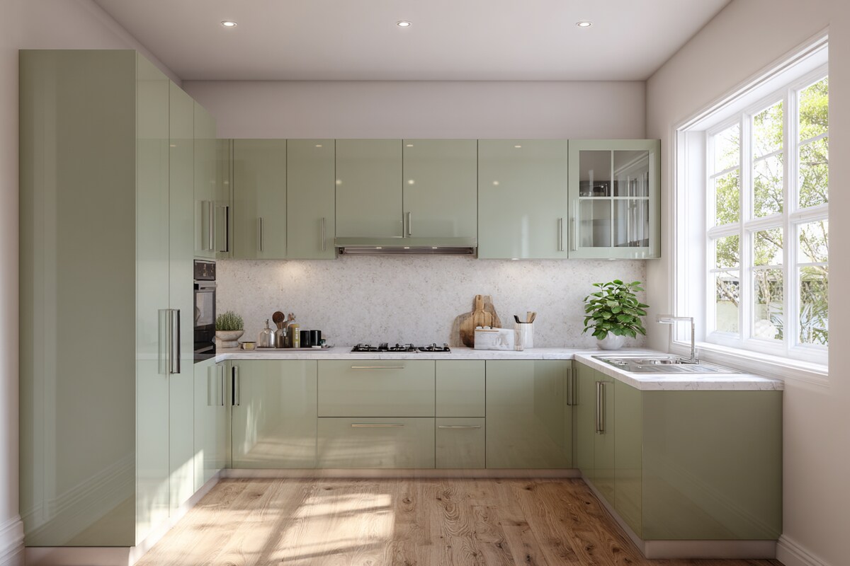 Sage Green Modern L-Shaped Kitchen Design with Quartz Countertops Sage Green Modern L-Shaped Kitchen Design with Quartz Countertops