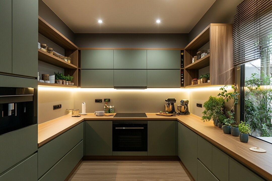 Sage Green Modern U-Shaped Kitchen Design with Suede Finish